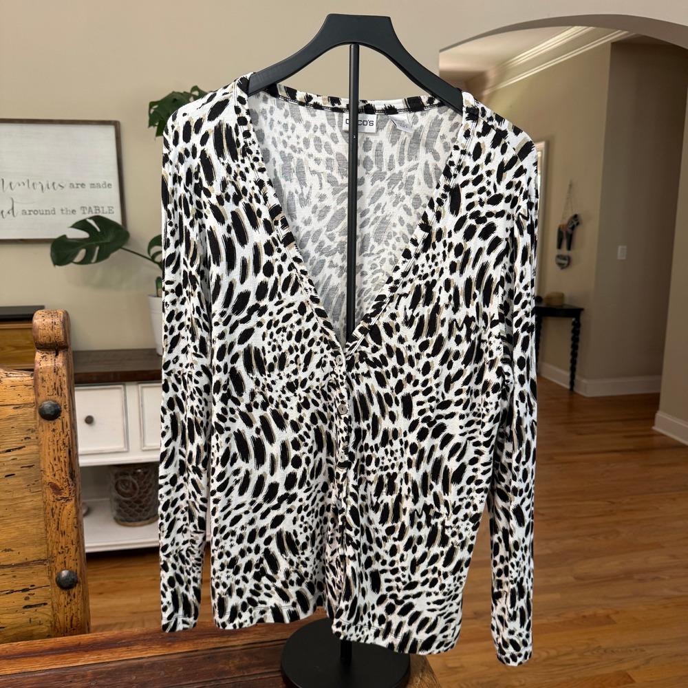 Chico's Animal Print Button Front Cardigan Size 3 Large XL Black White Rayon